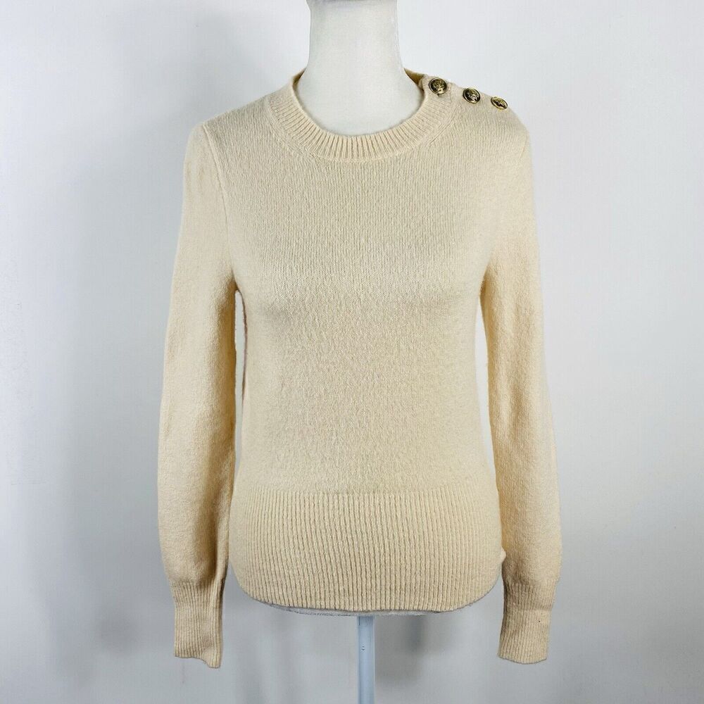 J. Crew Size XS Button Shoulder Crewneck Sweater Cream Merino Wool Alpaca MA792
